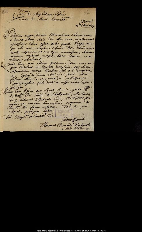 Lettre d'Adam Adamandus Kochanski à Jan Heweliusz, Wroclaw, 14 février 1679