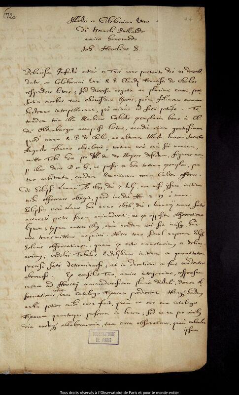 Lettre de Jan Heweliusz à Ismaël Boulliau, Gdansk, 2 juillet 1676