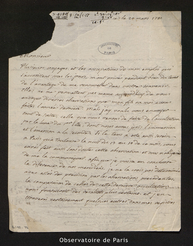 Lettre de Garipuy à Le Monnier, [Toulouse] le 20 mars 1781