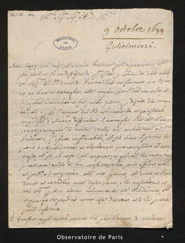 Lettre de Guglielmini à [Cassini I], Plaisance le 9 octobre 1699