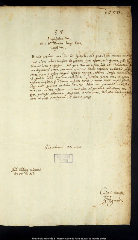 Lettre de Gottfried Zamel à Jan Heweliusz, Elblag, 13 octobre 1665