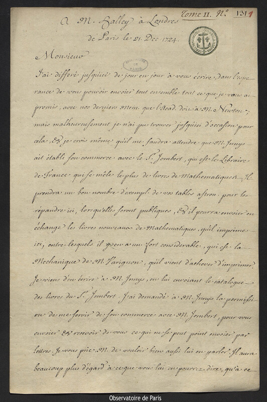 Lettre de Joseph-Nicolas Delisle à Edmund Halley, Paris, 21 décembre 1724