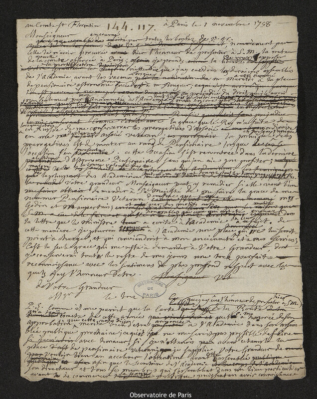 Lettre de Joseph-Nicolas Delisle à Louis Phélypeaux, comte de Saint-Florentin, Paris, 1 novembre 1758