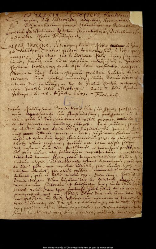 Lettre de Frédéric III (duc du Schleswig-Holstein-Gottorf) à Jan Heweliusz, Gottorf, 28 août 1649