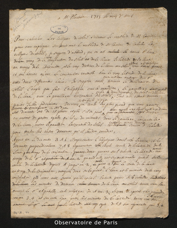 Lettre de Maraldi (Jacques Philippe), Maraldi I à Plantade, en avril 1715