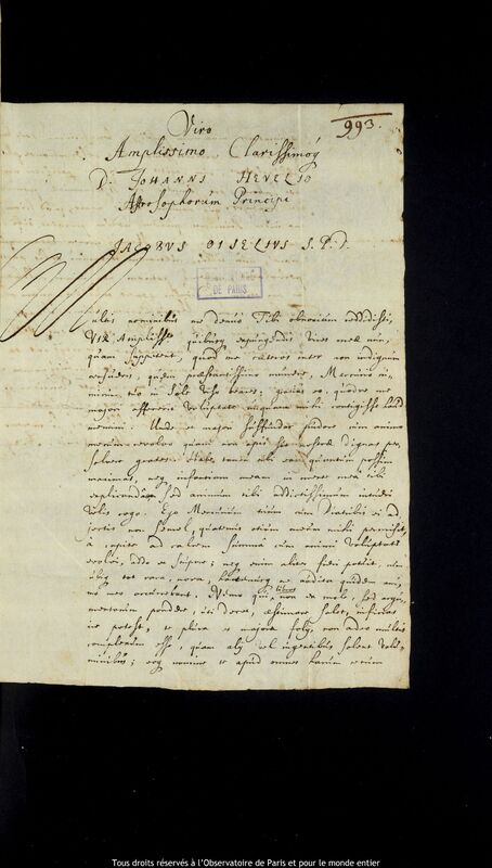 Lettre de Jacques Oisel à Jan Heweliusz, La Haye, 29 juillet 1662