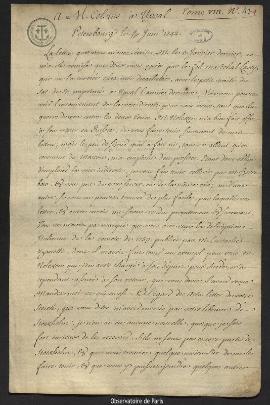 Lettre de Joseph-Nicolas Delisle à Anders Celsius, Saint-Pétersbourg, 16 juin 1742