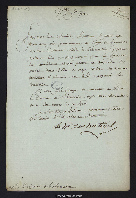 Lettre de Louis Le Tonnelier, baron de Breteuil, à Cassini IV, directeur de l'Observatoire, le 7 novembre 1784