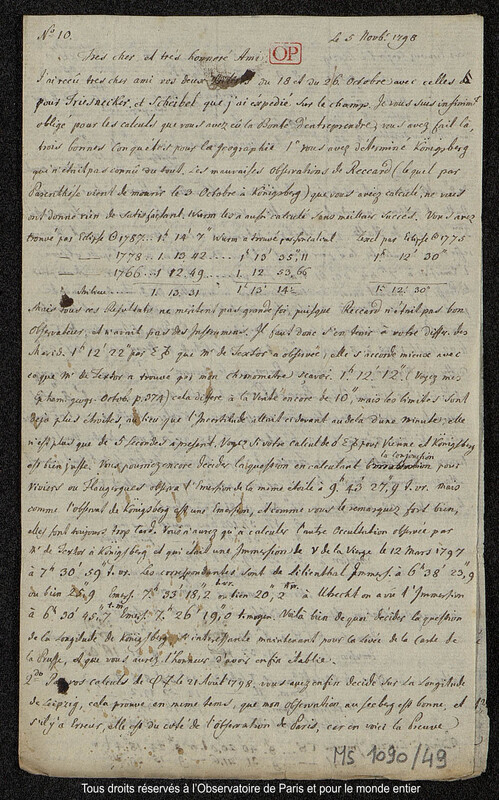 Lettre du baron Franz Xaver von Zach à Joseph Jérôme Le françois de Lalande [Gotha], 5 novembre 1798