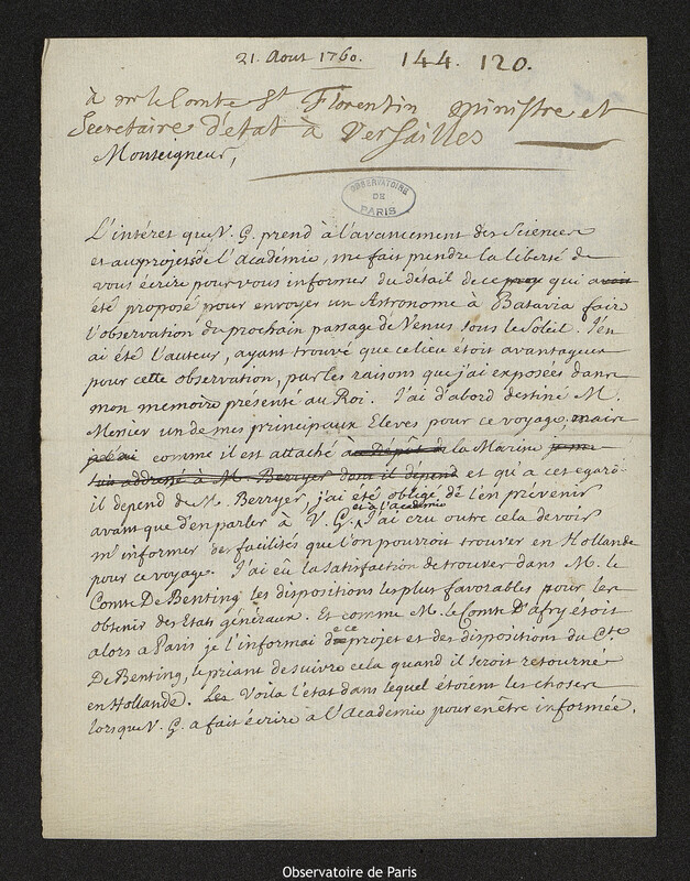 Lettre de Joseph-Nicolas Delisle à Louis Phélypeaux, comte de Saint-Florentin, 21 août 1760