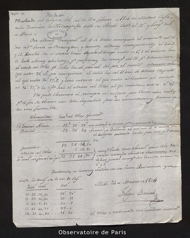 Observation de l'éclipse du Soleil du 11 février 1804 de Felipe Bauzá envoyée à Méchain, Madrid le 24 mars 1804