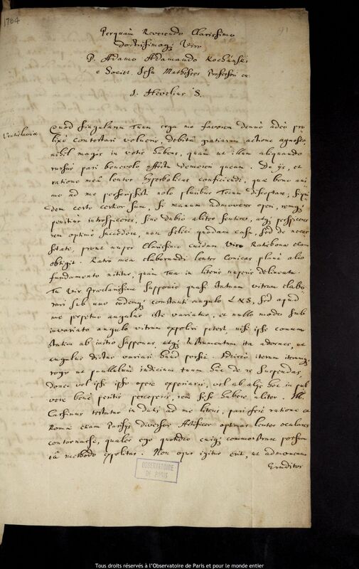 Lettre de Jan Heweliusz à Adam Adamandus Kochanski, Gdansk, 9 octobre 1677