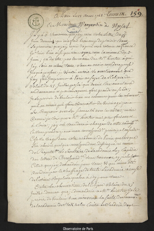 Lettre de Joseph-Nicolas Delisle à Pehr Wilhelm Wargentin, Paris, 12 août 1748