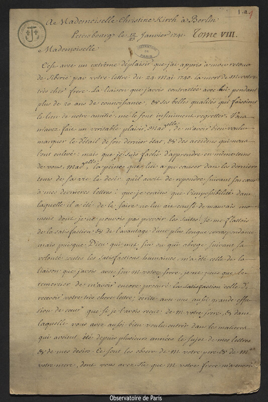 Lettre de Joseph-Nicolas Delisle à Christine Kirch, Saint-Pétersbourg,23 janvier 1741