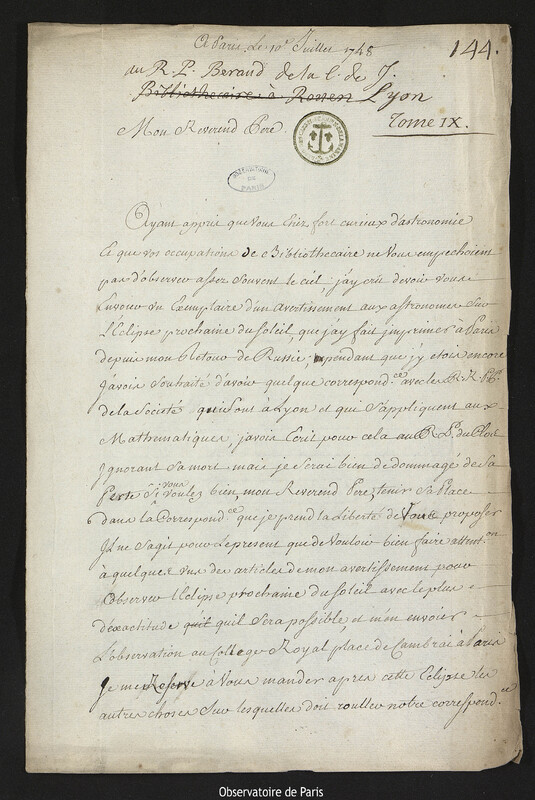 Lettre de Joseph-Nicolas Delisle à Laurent Béraud, Paris