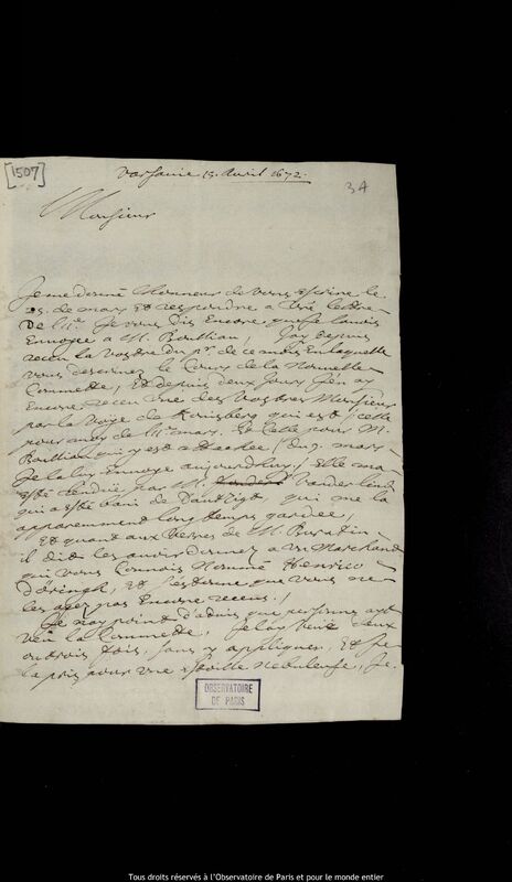 Lettre de Pierre Des Noyers à Jan Heweliusz, Varsovie, 15 avril 1672