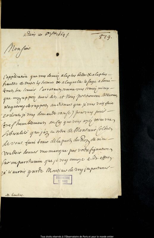 Lettre d'Antoine-Gédéon Le Ménestrel de Hauguel à Jan Heweliusz, Paris, 6 septembre 1664