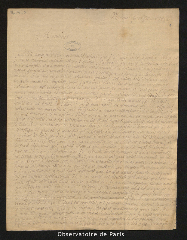 Lettre de Benj. Valz à Poisson, Nîmes le 13 février 1832