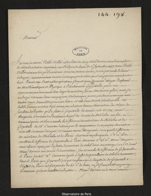 Lettre de Joseph-Nicolas Delisle