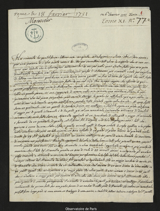 Lettre de Giulio Accetta à Joseph-Nicolas Delisle, Turin, 6 février 1751