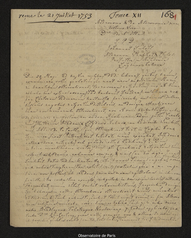 Lettre de Johannes Zulofs à Joseph-Nicolas Delisle, Leyde, 17 juillet 1753