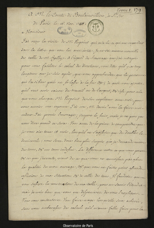 Lettre de Joseph-Nicolas Delisle à Henri de Boulainvilliers, Paris, 16 novembre 1720