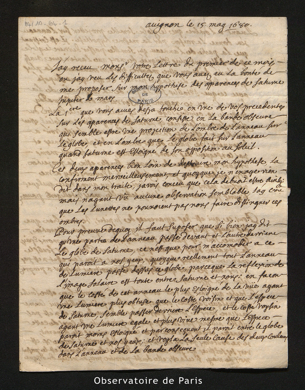 Lettre de Gallet à Cassini I, Avignon le 15 may 1680