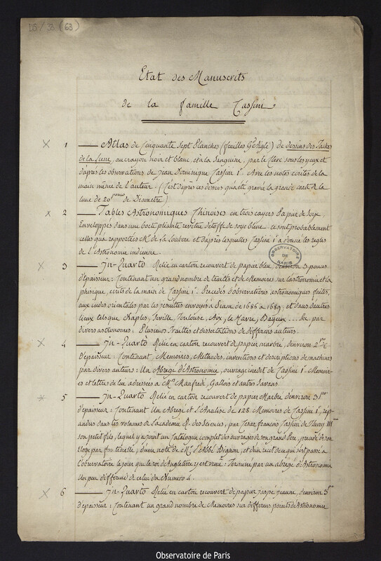 CASSINI IV. Etat des Manuscrits de la famille Cassini