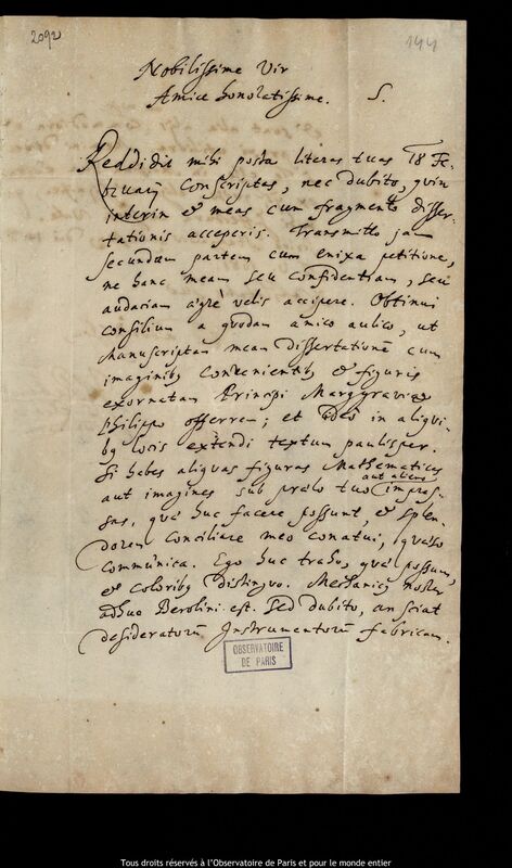 Lettre de Johann Gebhard Rabener à Jan Heweliusz, Stargard Szczecinski, 14 février 1681