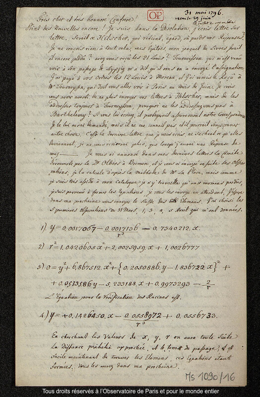 Lettre du baron Franz Xaver von Zach à Joseph Jérôme Le françois de Lalande [Gotha], 31 mai 1796