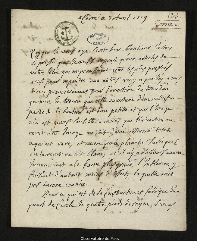 Lettre de Jacques d'Allonville de Louville à Joseph-Nicolas Delisle, Lieu-dit Le Clos du Petit Carré, 3 avril 1719