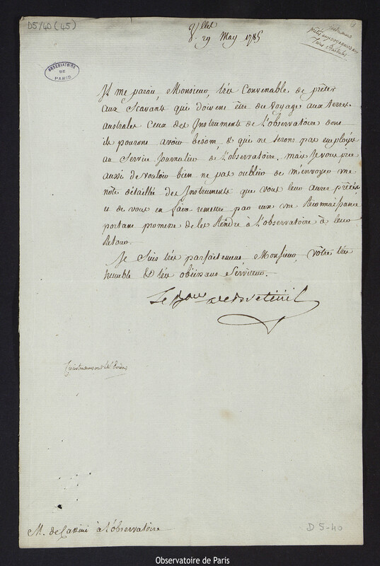 Lettre de Louis Le Tonnelier, baron de Breteuil, à Cassini IV, directeur de l'Observatoire, le 29 mai 1785