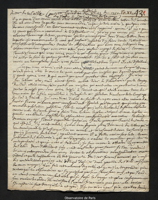 Lettre de Charles Robert Godeheu de Zaimont à Joseph-Nicolas Delisle, Paris, 21 décembre 1750