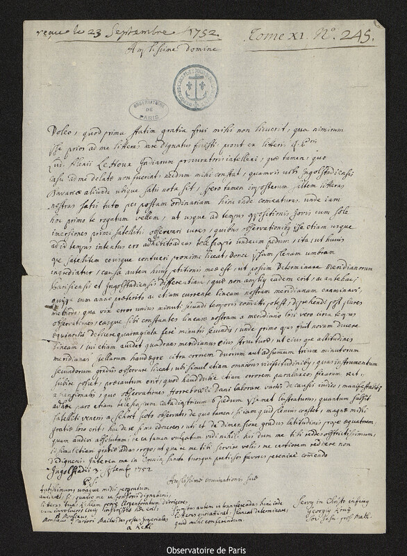 Lettre de Georg Kraz à Joseph-Nicolas Delisle, Ingolstadt, 3 septembre 1752