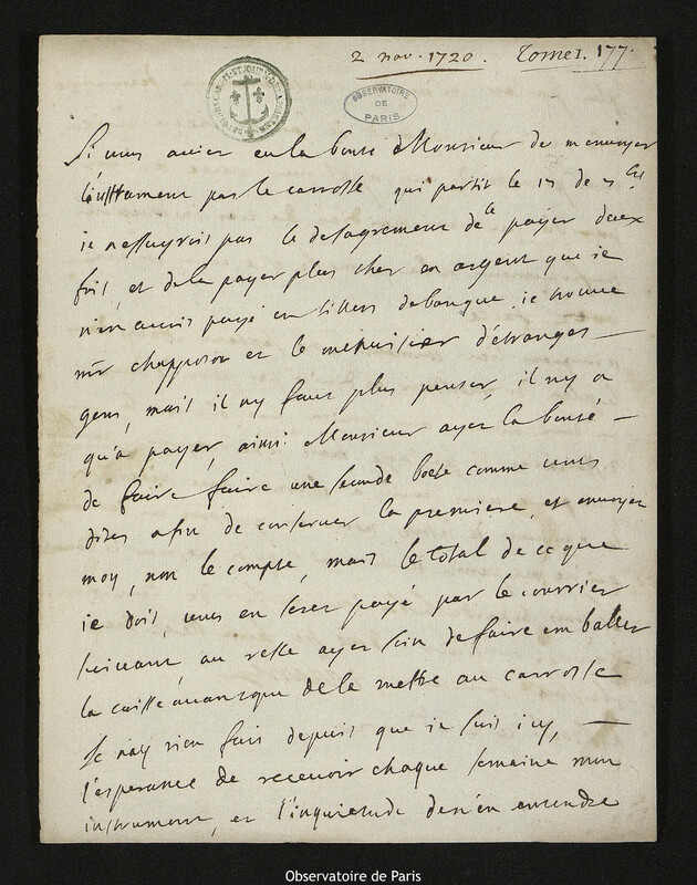 Lettre de Joseph de Navarre à Joseph-Nicolas Delisle, Bordeaux, 2 novembre 1720