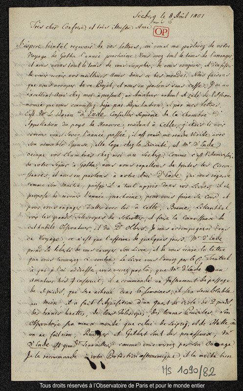 Lettre du baron Franz Xaver von Zach à Joseph Jérôme Le françois de Lalande Seeberg, 8 août 1801