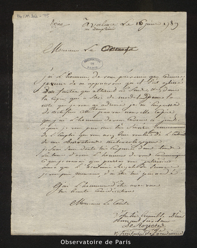 Lettre de M. De Rozières à Monsieur le Comte [de Cassini], Valence le 16 juin 1789