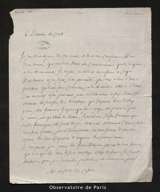 Lettre de Chautan, abbé de Morimont à M. le comte de Cassini [IV], Morimond le 6 février 1784