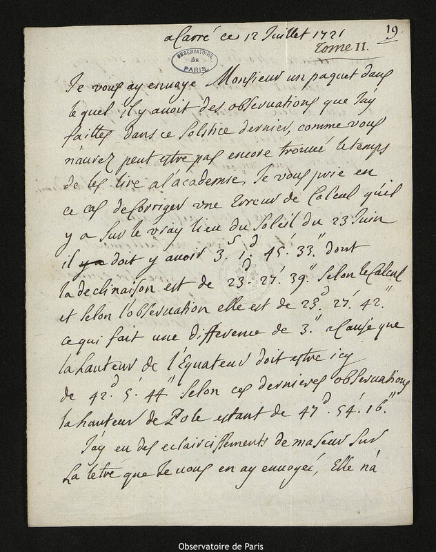 Lettre de Jacques d'Allonville de Louville à Joseph-Nicolas Delisle, Lieu-dit Le Clos du Petit Carré, 12 juillet 1721