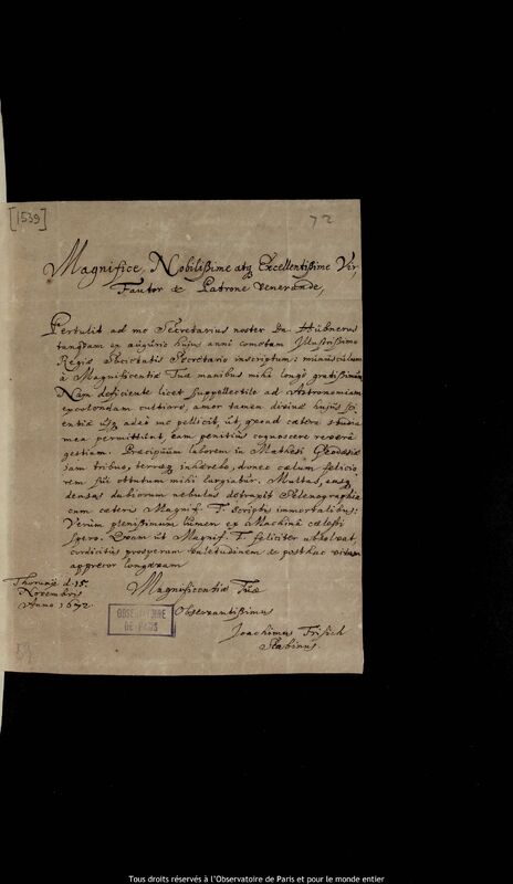 Lettre de Joachim Frisich à Jan Heweliusz, Torun, 15 novembre 1672