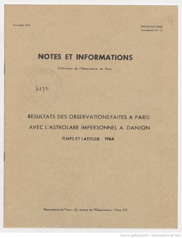 (1965) Notes et informations... Résultats des observations faites à Paris avec l'astrolabe impersonnel A. Danjon, temps et latitude 1964