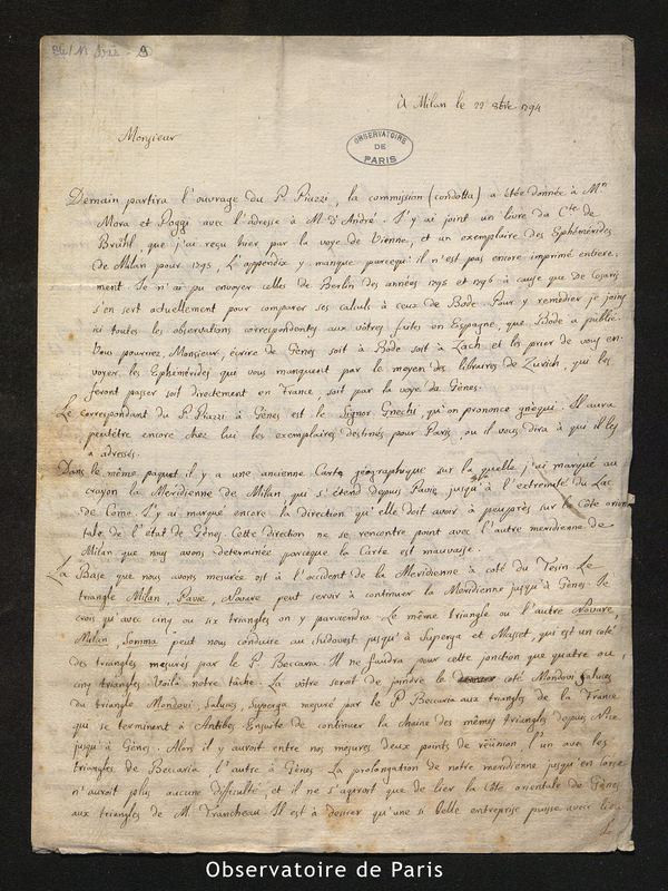 Lettre d'Oriani à Méchain, Milan le 22 octobre 1794