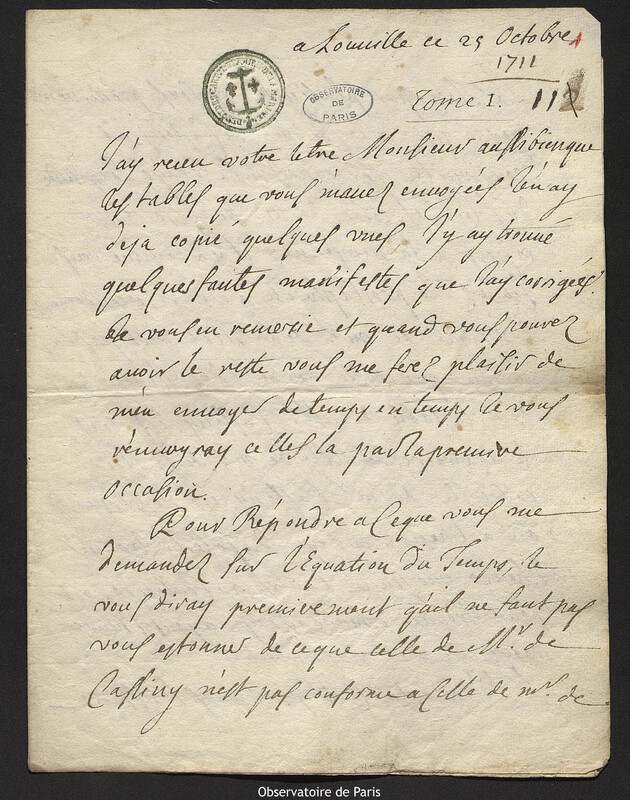 Lettre de Jacques d'Allonville de Louville à Joseph-Nicolas Delisle, Louville-la-Chenard, 25 octobre 1711