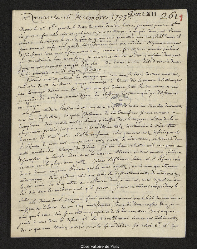 Lettre de Louis Lagrange à Joseph-Nicolas Delisle, Marseille, 1 décembre 1753