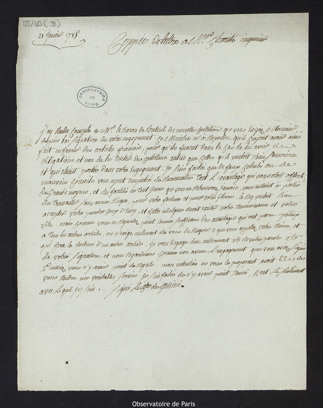 CASSINI IV. Copie de lettre à Mr Charité ingénieur