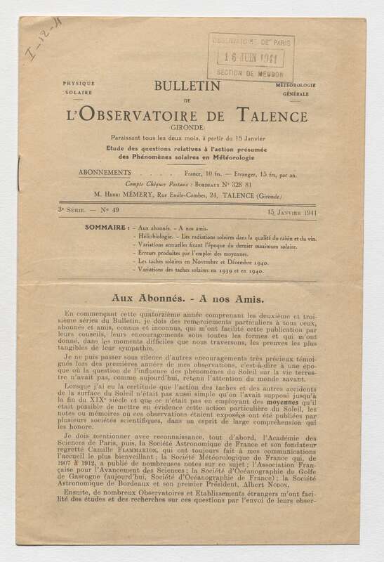 (1941) Bulletin de l'Observatoire de Talence, 3e série