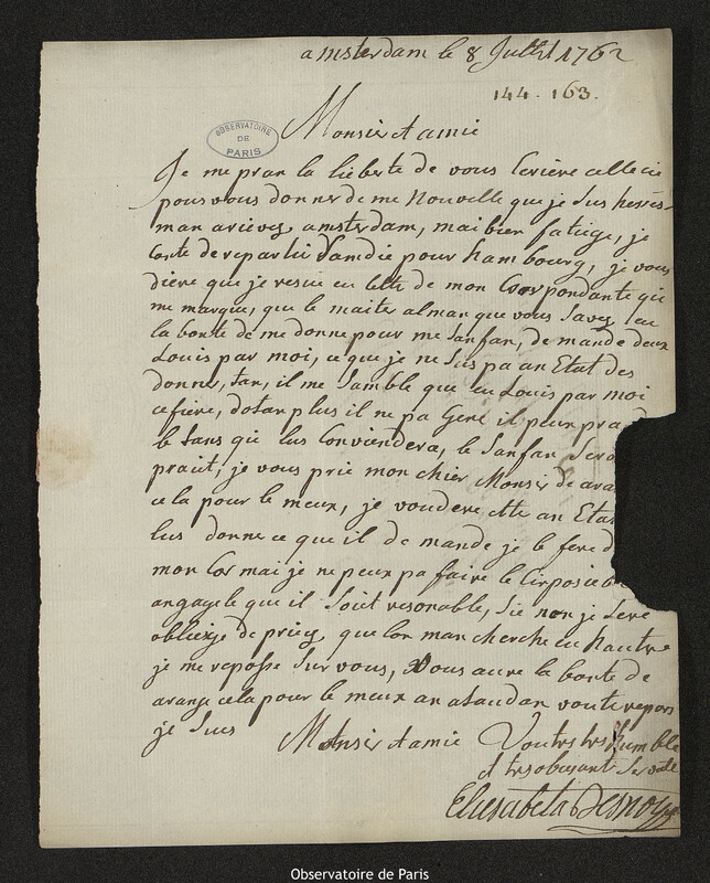 Lettre de Elisabeth Desnoyers à Joseph-Nicolas Delisle, Amsterdam, 8 juillet 1762