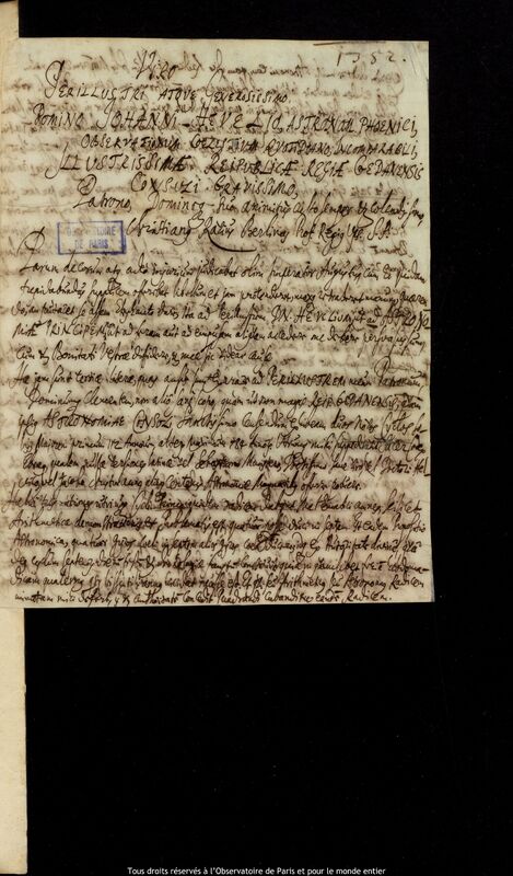 Lettre de Christian Raue à Jan Heweliusz, Uppsala, 30 août 1669