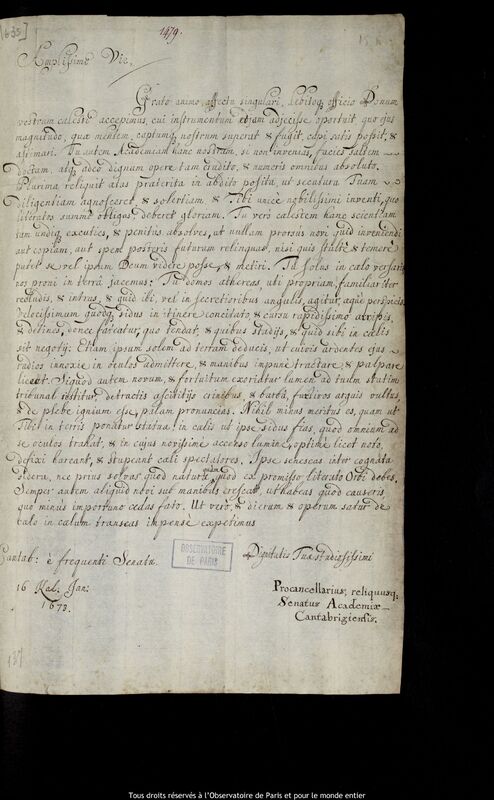 Lettre de l'Université de Cambridge à Jan Heweliusz, Cambridge, 17 décembre 1672